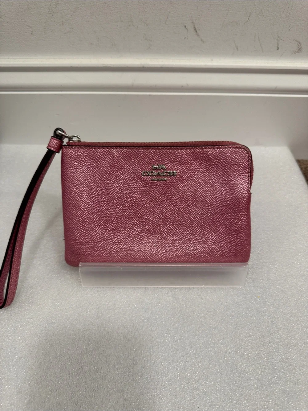 Coach Metallic pink corner zip Leather Wristlet wallet